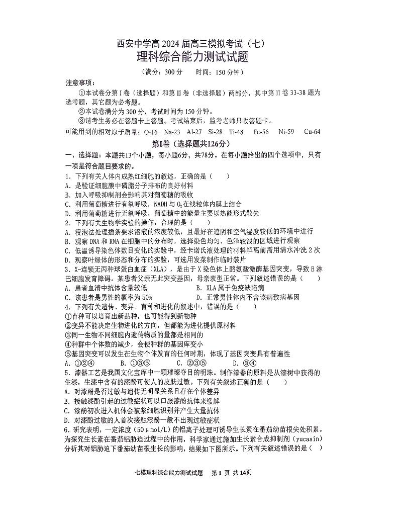 陕西省西安中学2024届高三下学期第七次模拟考试理综试题（PDF版附答案）第1页