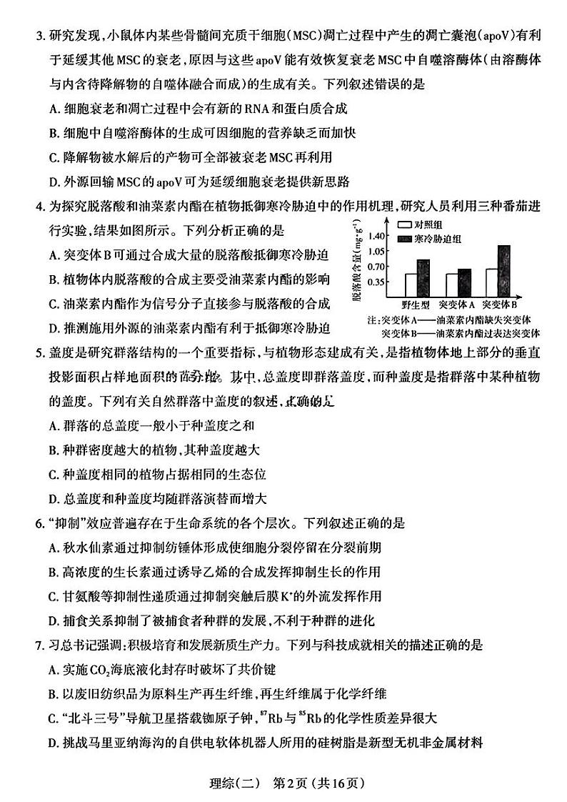 2024届山西省太原市高三下学期第二次模拟考试理综02