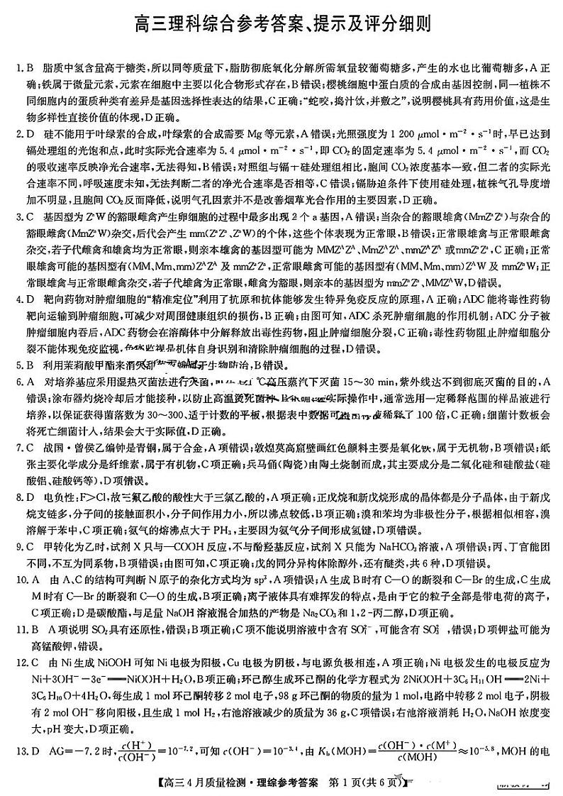九师联盟理科综合参考答案提示及评分细则第1页
