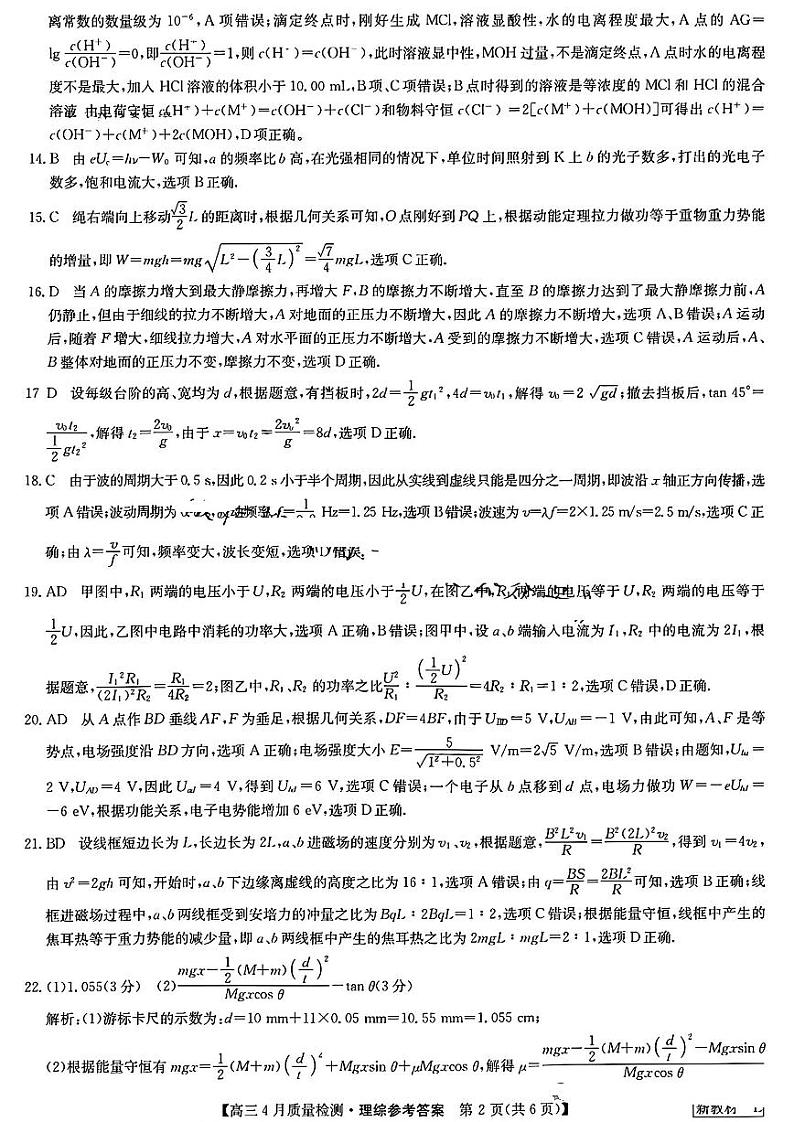 九师联盟理科综合参考答案提示及评分细则第2页
