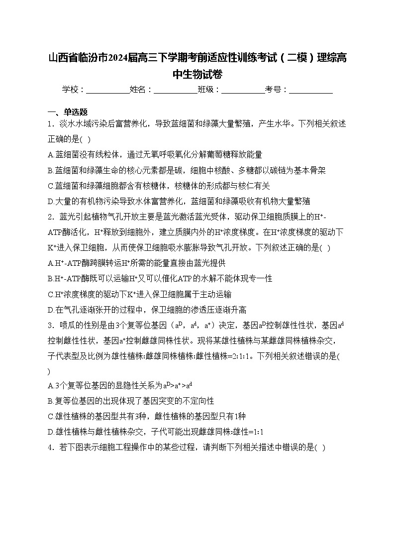 山西省临汾市2024届高三下学期考前适应性训练考试（二模）理综高中生物试卷(含答案)01