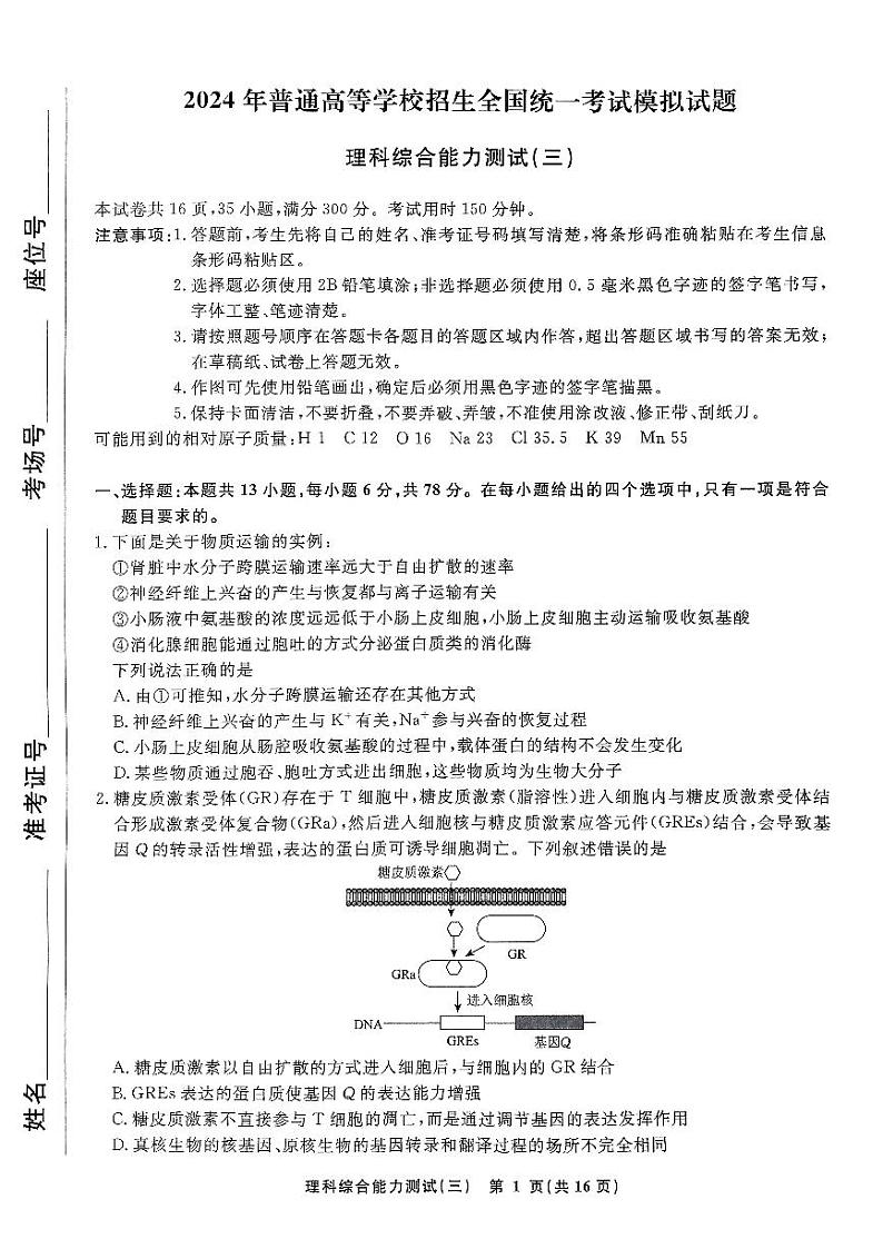 2024届河南省商丘市部分名校高三下学期模拟考试（三）理科综合试题01