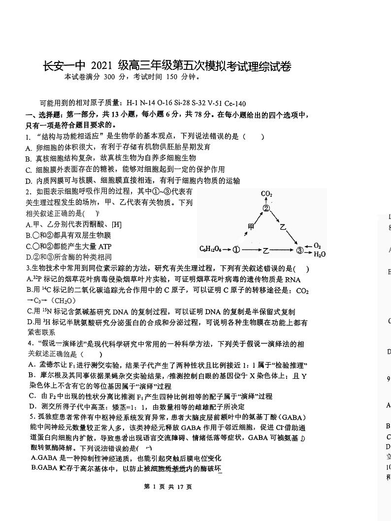 陕西省校+西安市长安区第一中学2023-2024学年高三下学期第五次模拟考试理综试题第1页