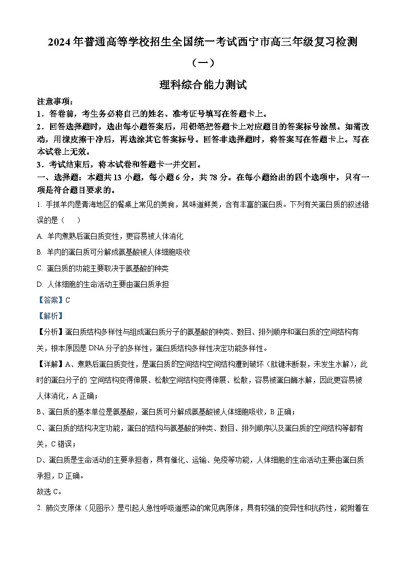 2024届青海省西宁市高三下学期一模理综试卷-高中生物（原卷版+解析版）01