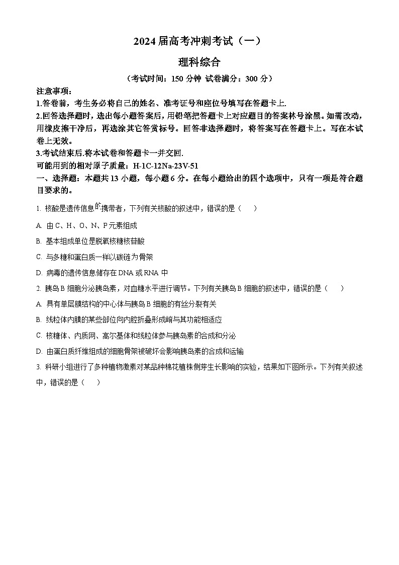 2024届四川省部分学校高三下学期高考冲刺（一模）理科综合试-高中生物（原卷版）第1页