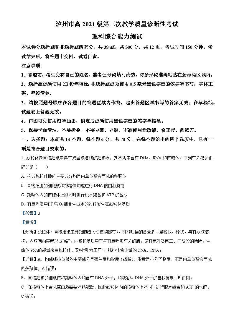 2024届四川省泸州市高三下学期三模理综试题-高中生物（原卷版+解析版）01