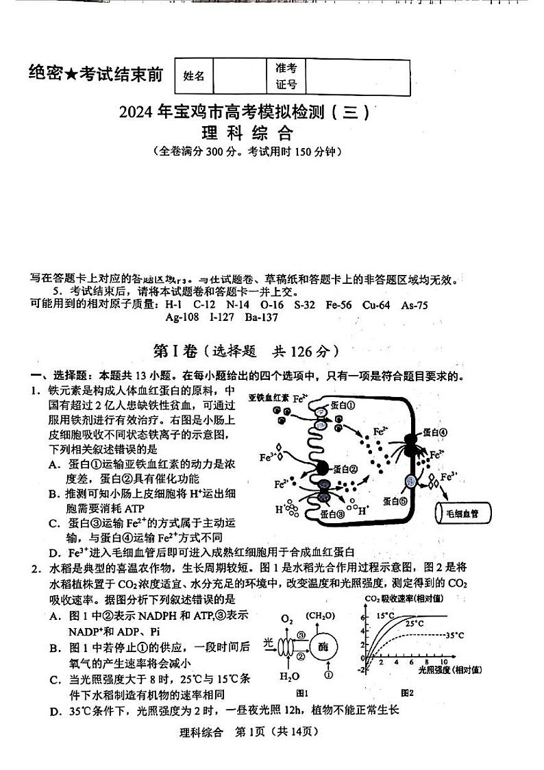 2024届陕西省宝鸡市高三下学期4月三模考试理科综合试题01