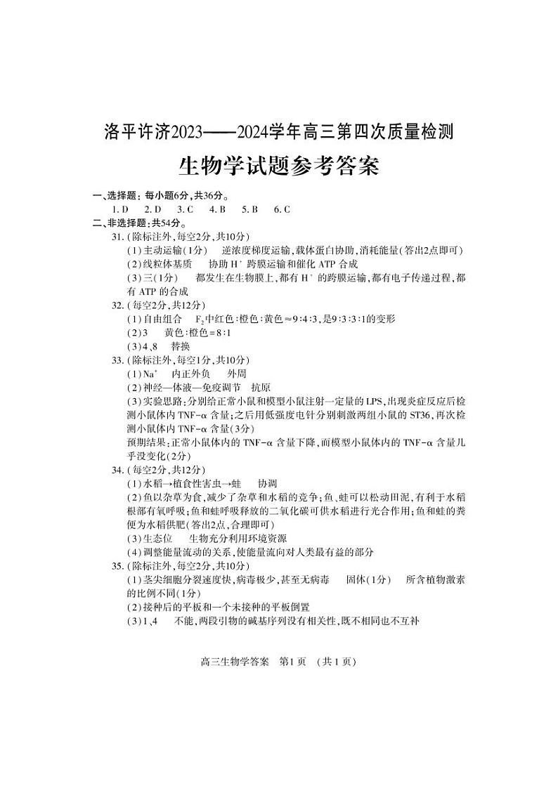 2024届河南省平许济洛四市高三下学期第四次质量检测理科综合试题01