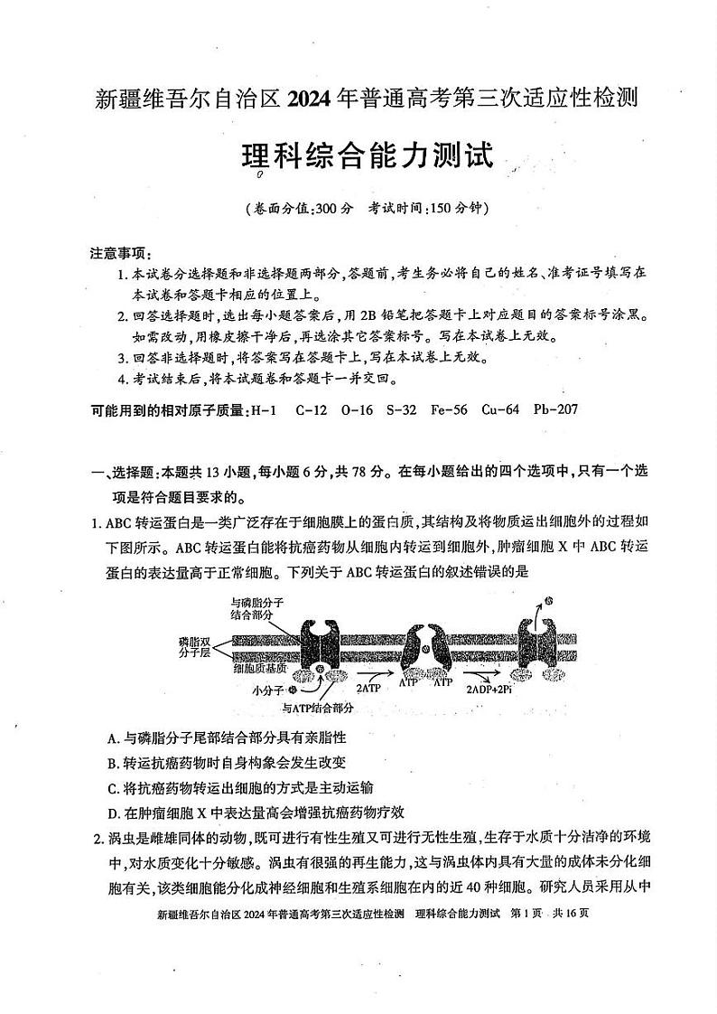 2024届新疆维吾尔自治区高三下学期第三次适应性检测理综01