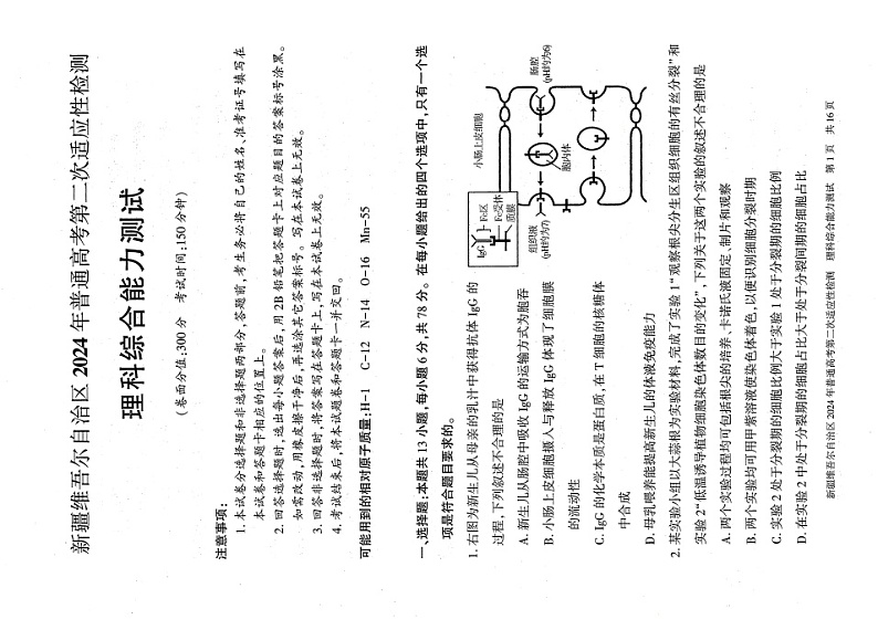 新疆维吾尔自治区2024届高三第二次适应性检测理综第1页