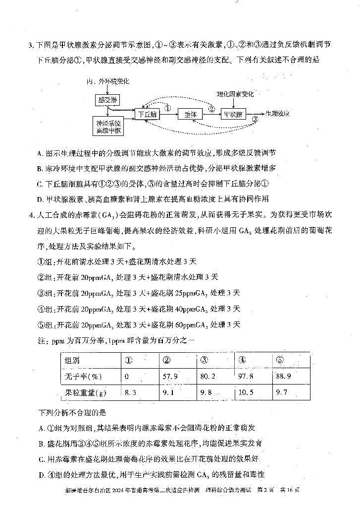 新疆维吾尔自治区2024届高三第二次适应性检测理综02