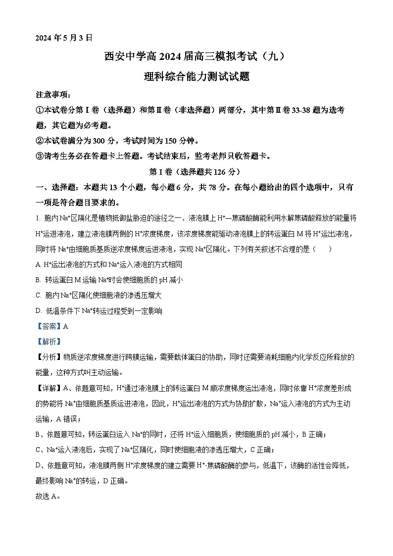 2024届陕西省西安中学高三下学期第九次模拟考试理综试题-高中生物（原卷版+解析版）01