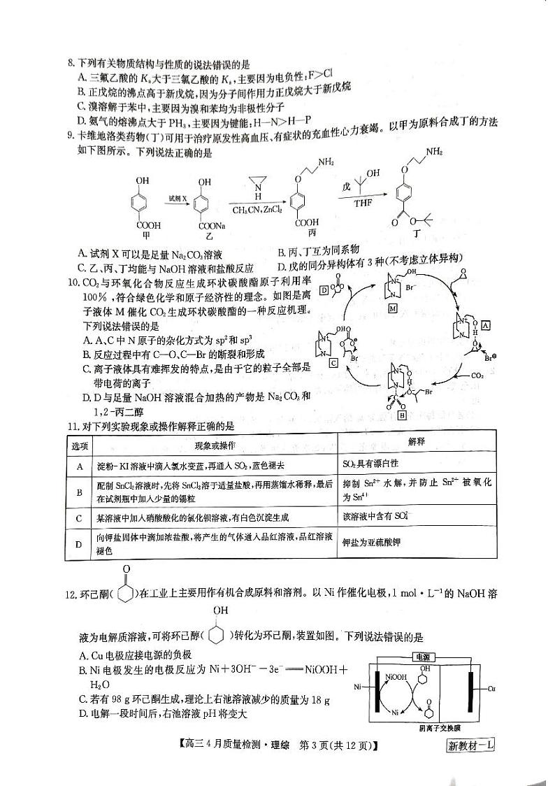 河南省九师联盟2024届高三4月质量检测理综试题03