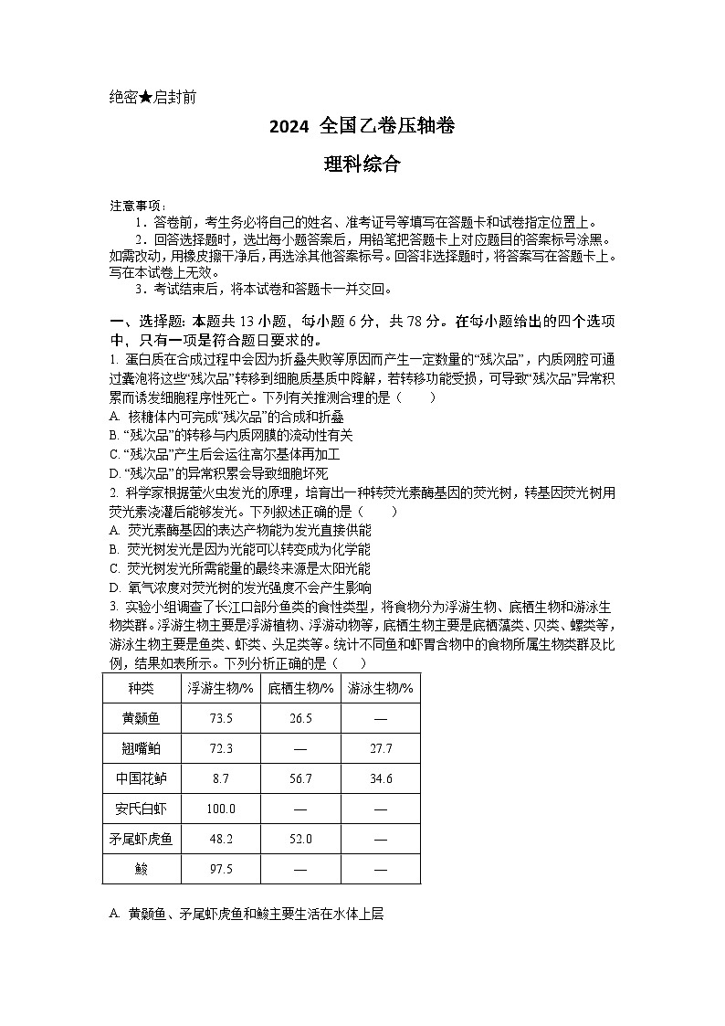 2024年高考压轴卷——理综试题（全国乙卷）Word版含解析第1页