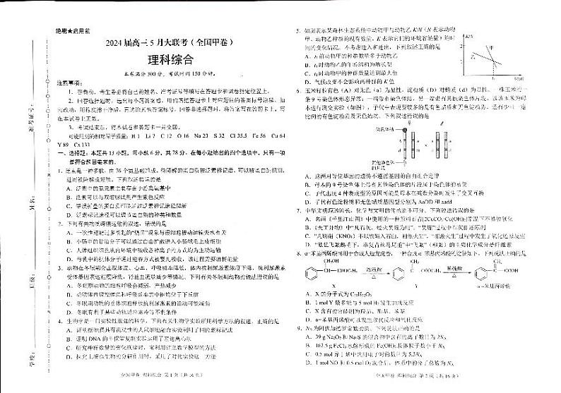 2024届高三5月大联考（全国甲卷）理综01