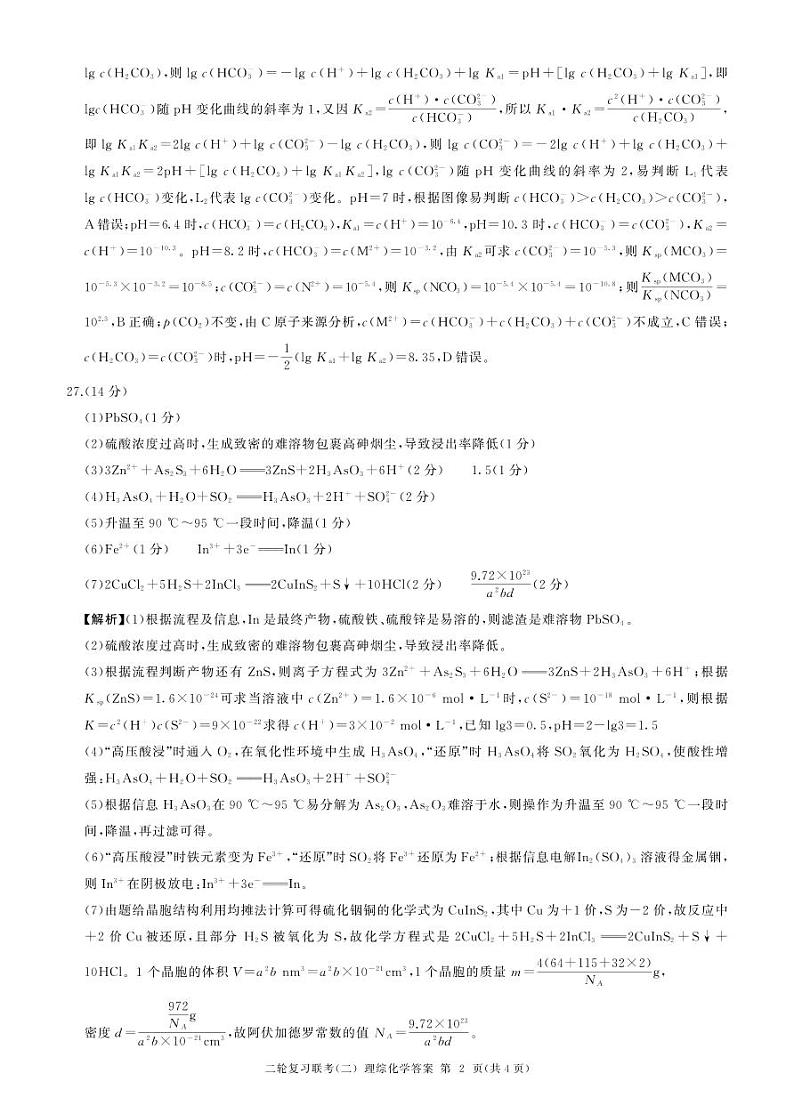 2024届百师联盟高三4月二轮复习联考理科综合试卷(新高考 )化学答案第2页