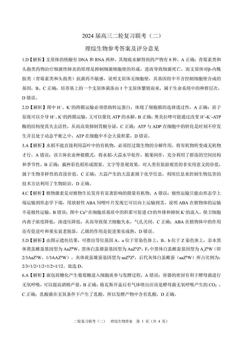 2024届百师联盟高三4月二轮复习联考理科综合试卷(新高考)生物答案第1页