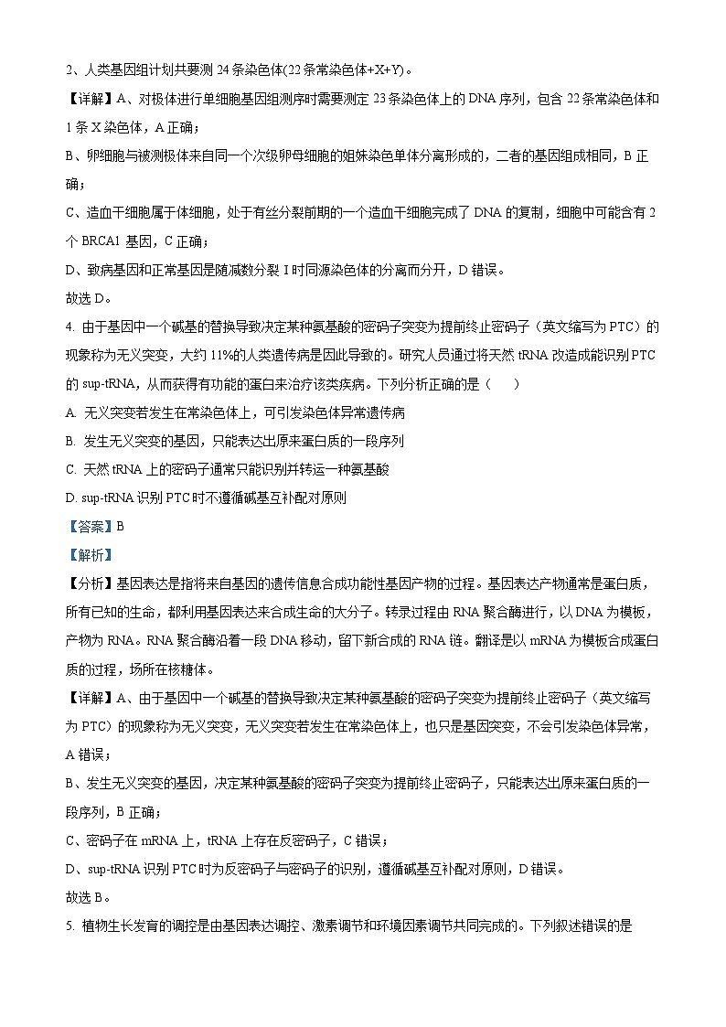 2024届山西省太原市高三高三下学期一模理综试卷-高中生物（原卷版+解析版）03