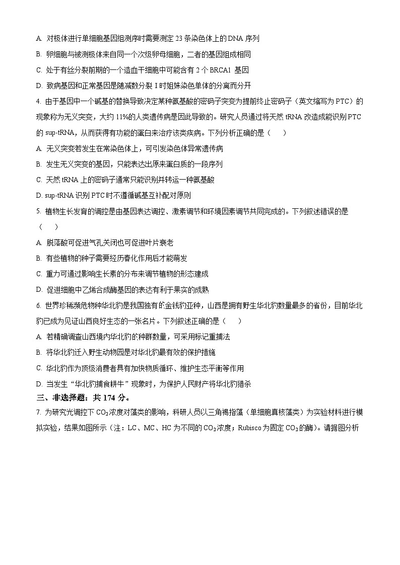 2024届山西省太原市高三高三下学期一模理综试卷-高中生物（原卷版+解析版）02
