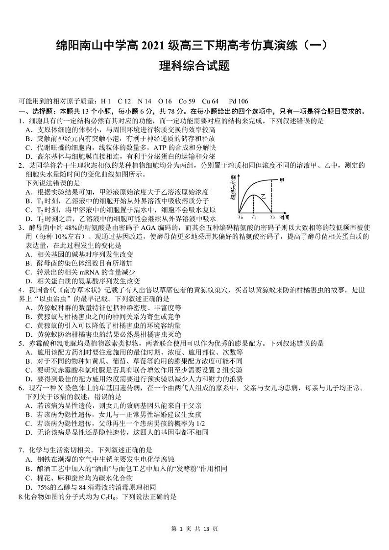 四川省绵阳南山中学2024年高三高考仿真1理综试题第1页