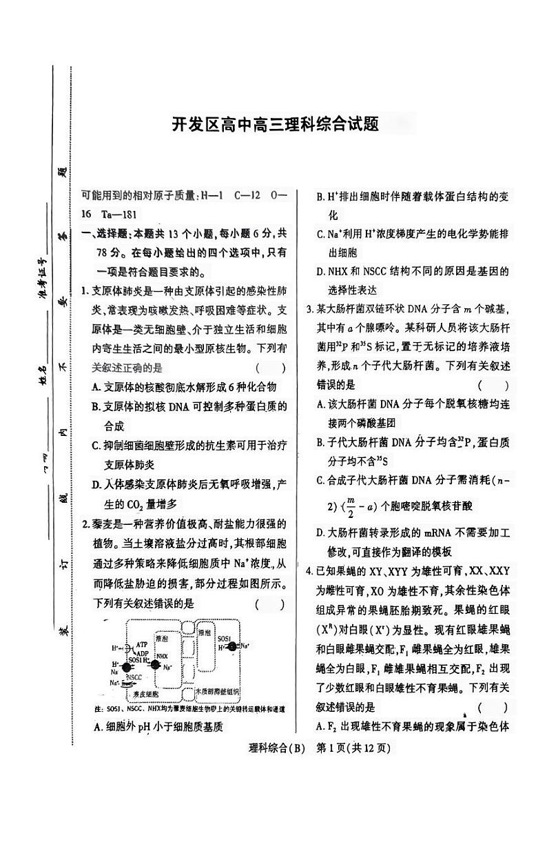 2024届河南驻马店经济开发区高级中学高三下学期三模理综试题01