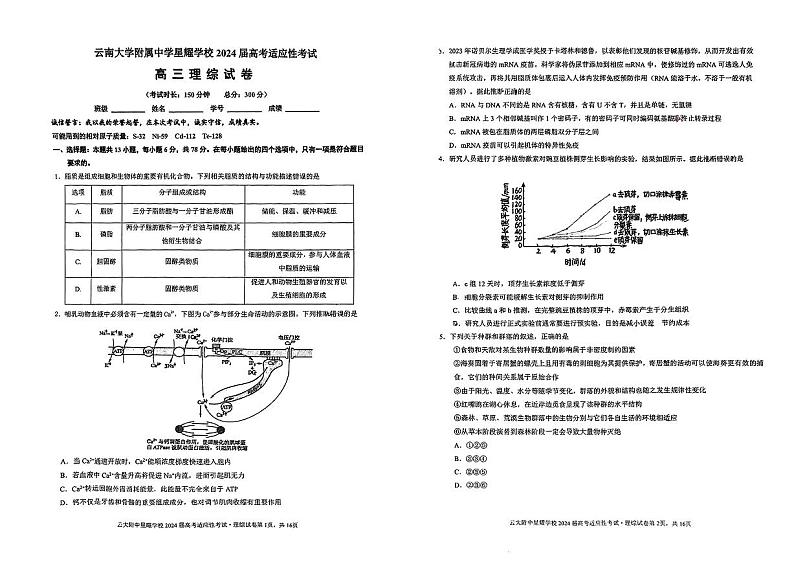 22，2024届云南省昆明市官渡区云南大学附属中学星耀学校高三下学期适应性考试（三模）理综试卷第1页