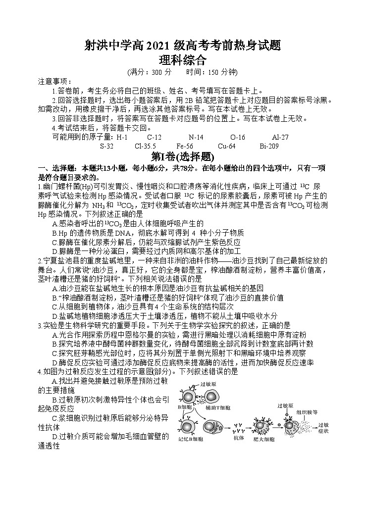 四川省遂宁市射洪中学2024届高三下学期6月考前热身理综试卷（Word版附答案）01