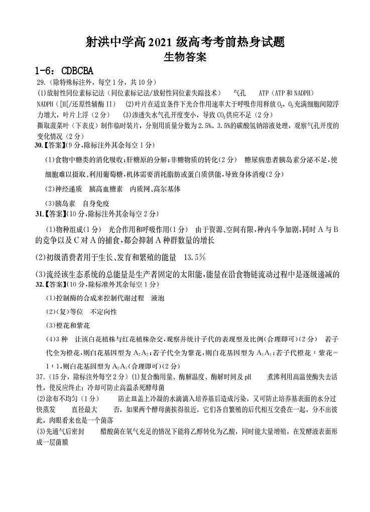 四川省遂宁市射洪中学2024届高三下学期6月考前热身理综试卷（Word版附答案）01