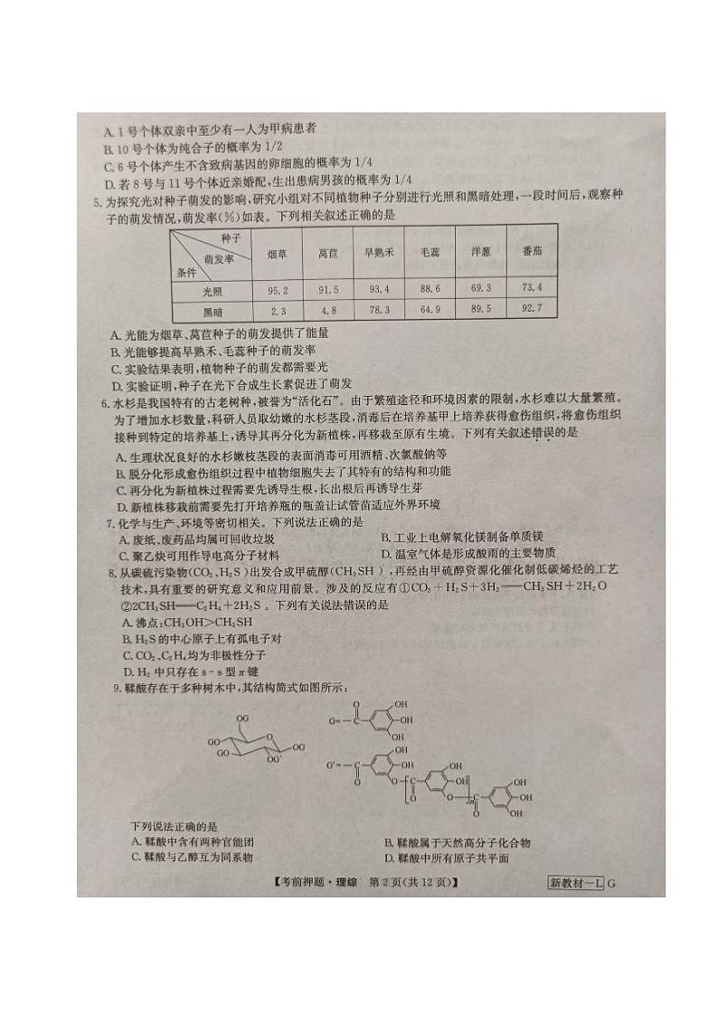 河南省九师联盟2024届高三下学期高考考前押题理综试卷（PDF版附答案）02