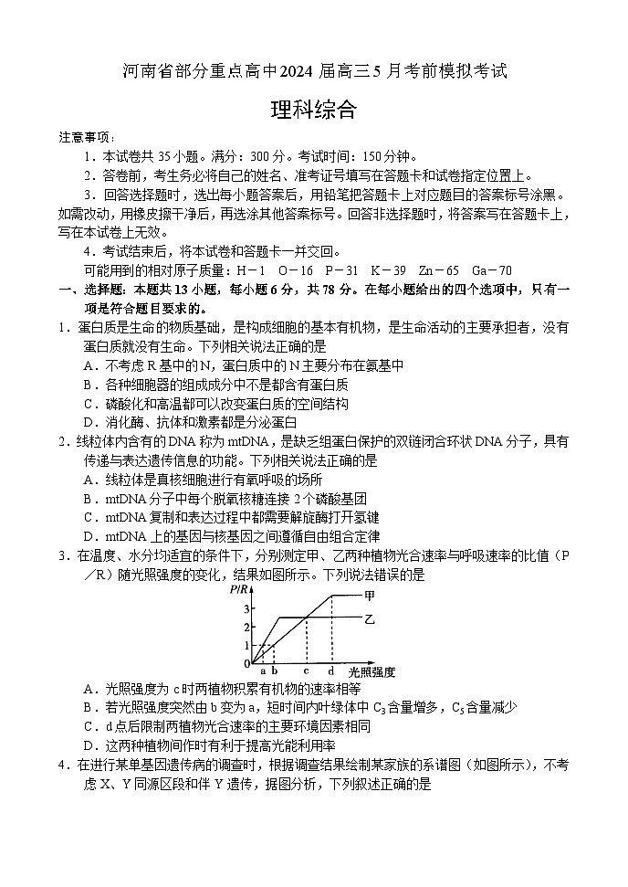 河南省部分重点高中2024届高三下学期5月考前模拟考试理综试卷（Word版附答案）01