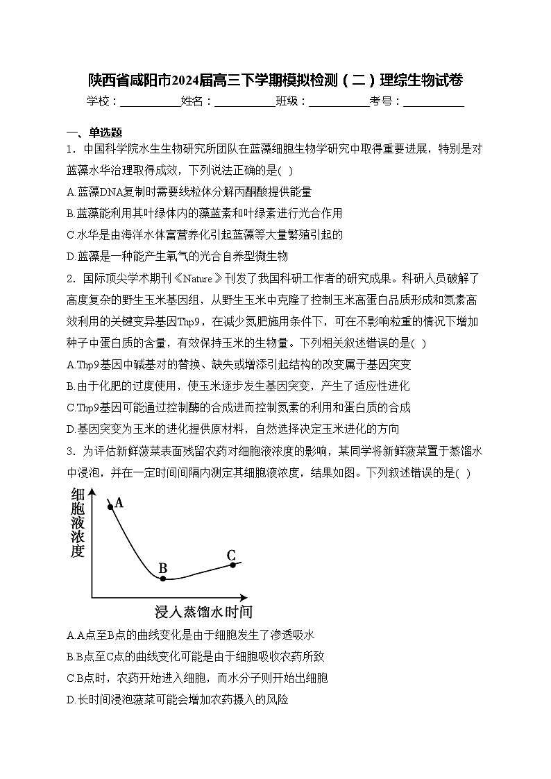 陕西省咸阳市2024届高三下学期模拟检测（二）理综生物试卷(含答案)第1页