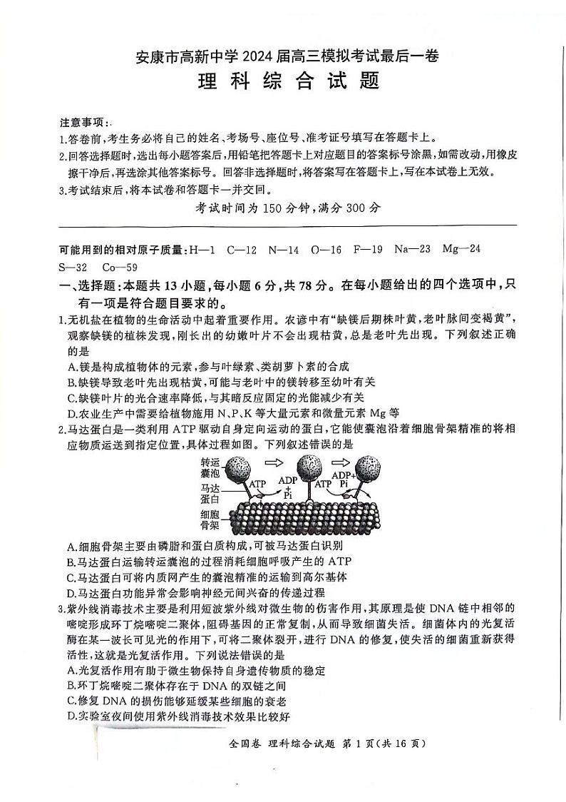 陕西省安康市高新中学2024届高三下学期5月模拟考试最后一卷理综试题01