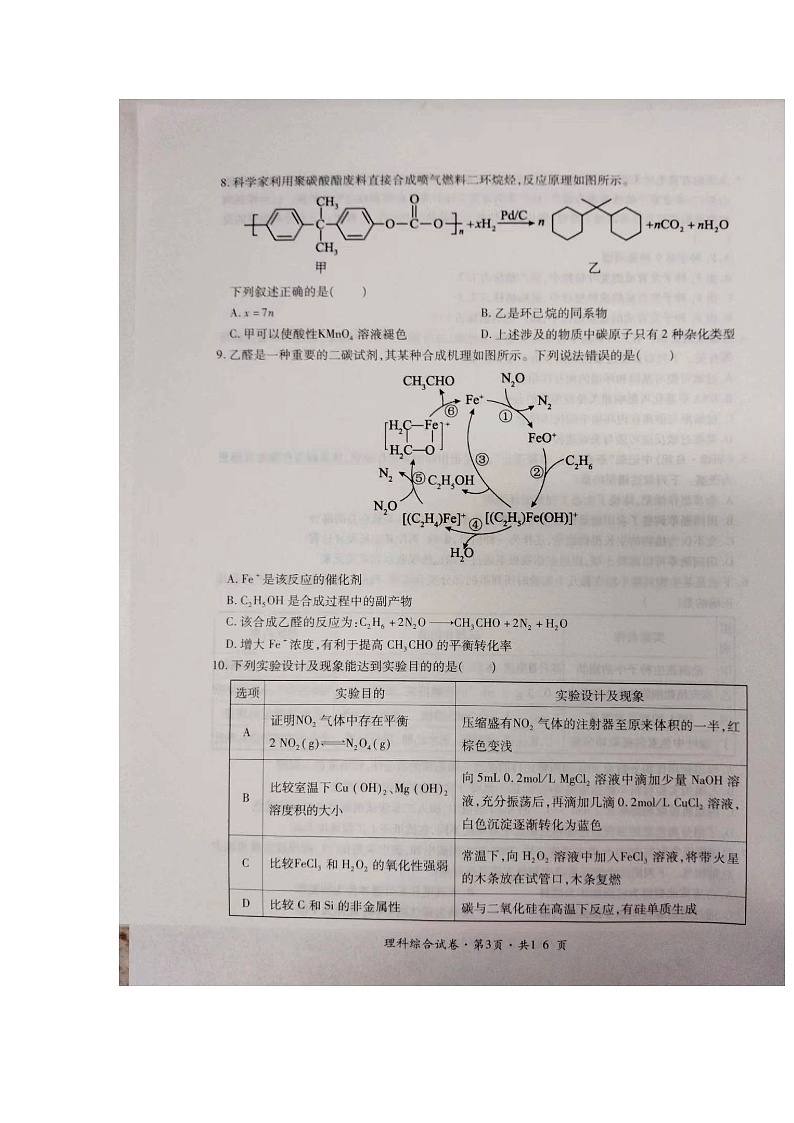 云南省大理新世纪中学2024届高三下学期祝福考理科综合试题03