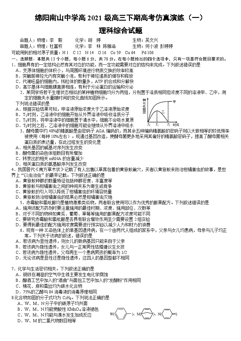 四川省绵阳南山中学2024届高三下学期高考仿真演练（一）理综试题（Word版附答案）01