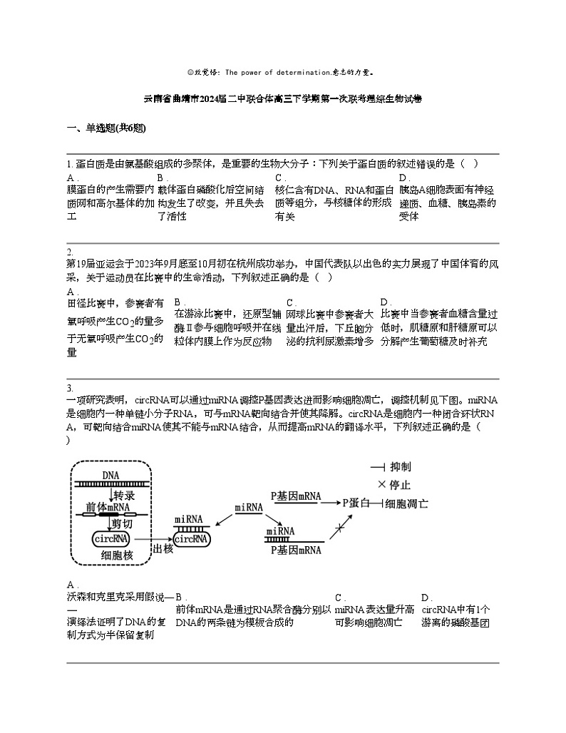 云南省曲靖市2024届二中联合体高三下学期第一次联考理综生物试卷01