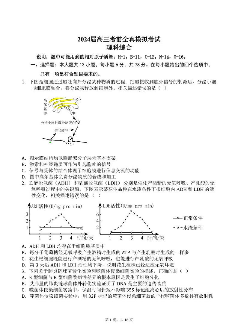河南省郑州市第一中学2024届高三下学期高考考前全真模拟考试理综试题（PDF版附答案）01