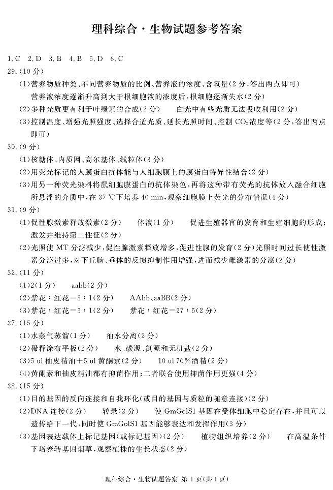 四川省九市高2024届第一次诊断性考试理综01
