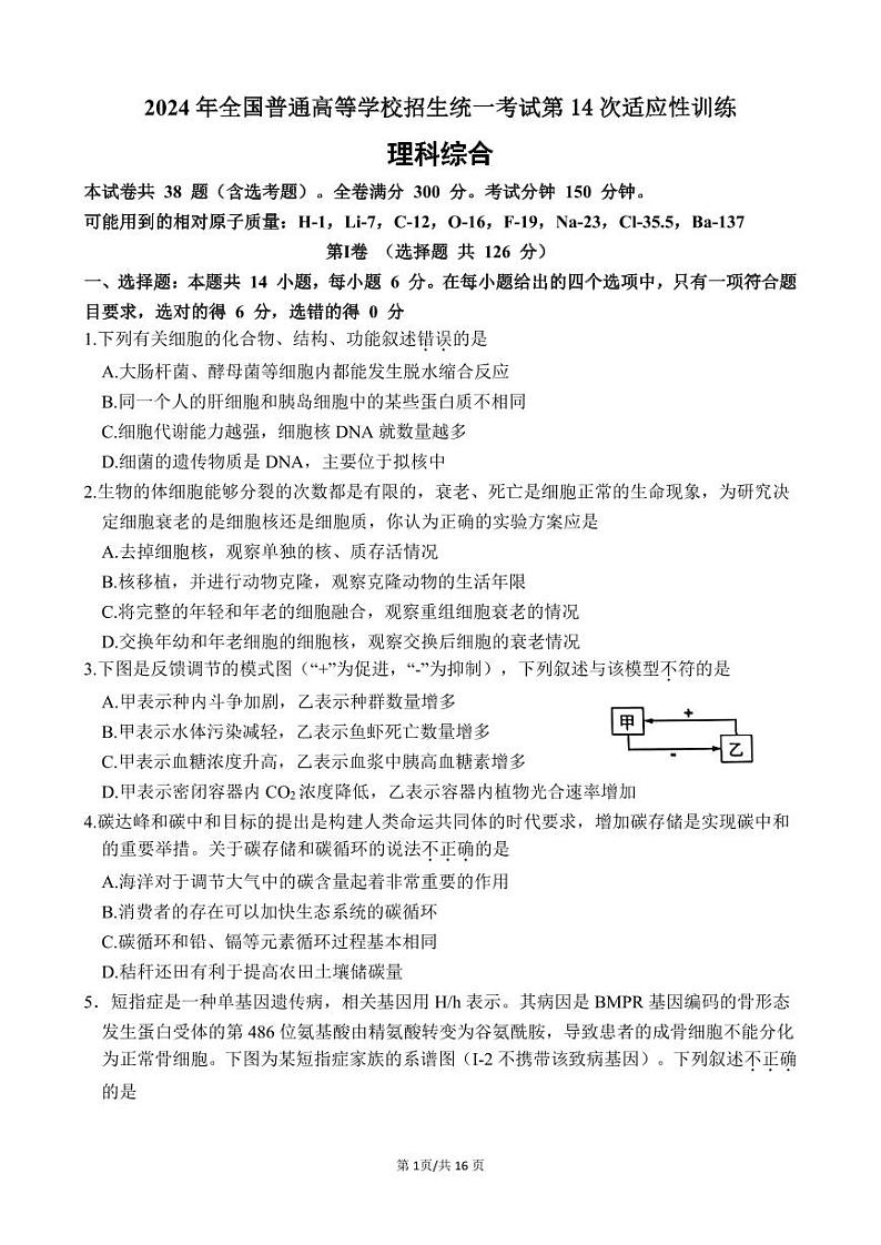 陕西省西工大附中高2024届第14次高考适应性训练+理综第1页