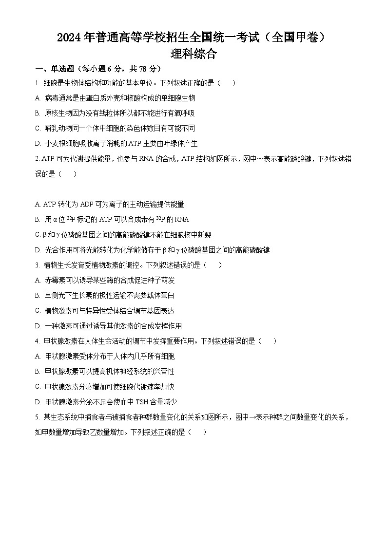 2024年高考全国甲卷理综高考真题解析（原卷+解析）01