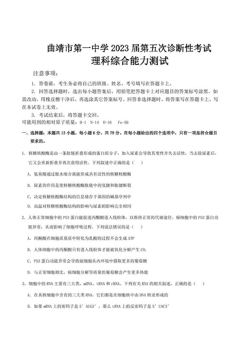 云南曲靖高三（月考五）-理综试题附答案第1页