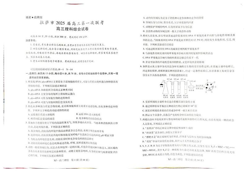 西藏自治区拉萨市2025届高三上学期一模理综试题（PDF版附解析）第1页