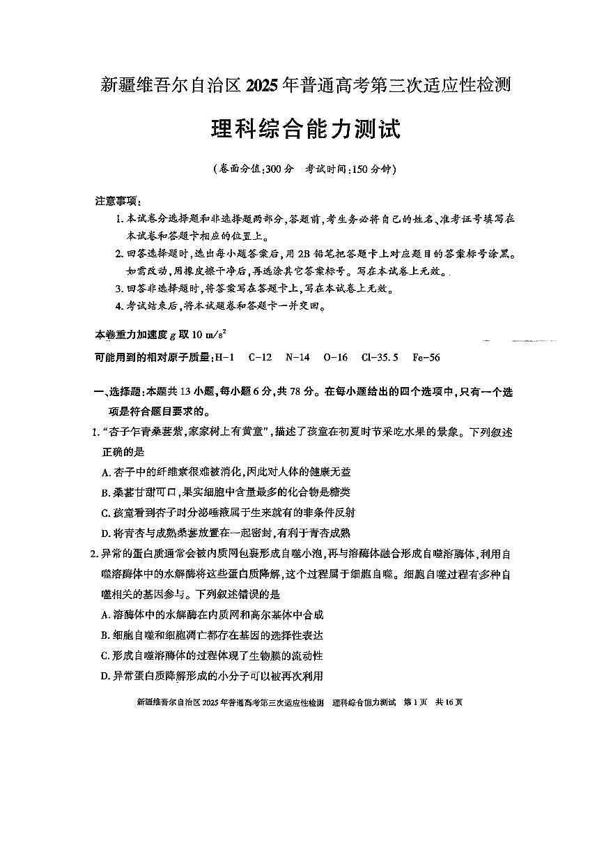 新疆维吾尔自治区2025届高三高考模拟第三次适应性检测-理综试题+答案第1页