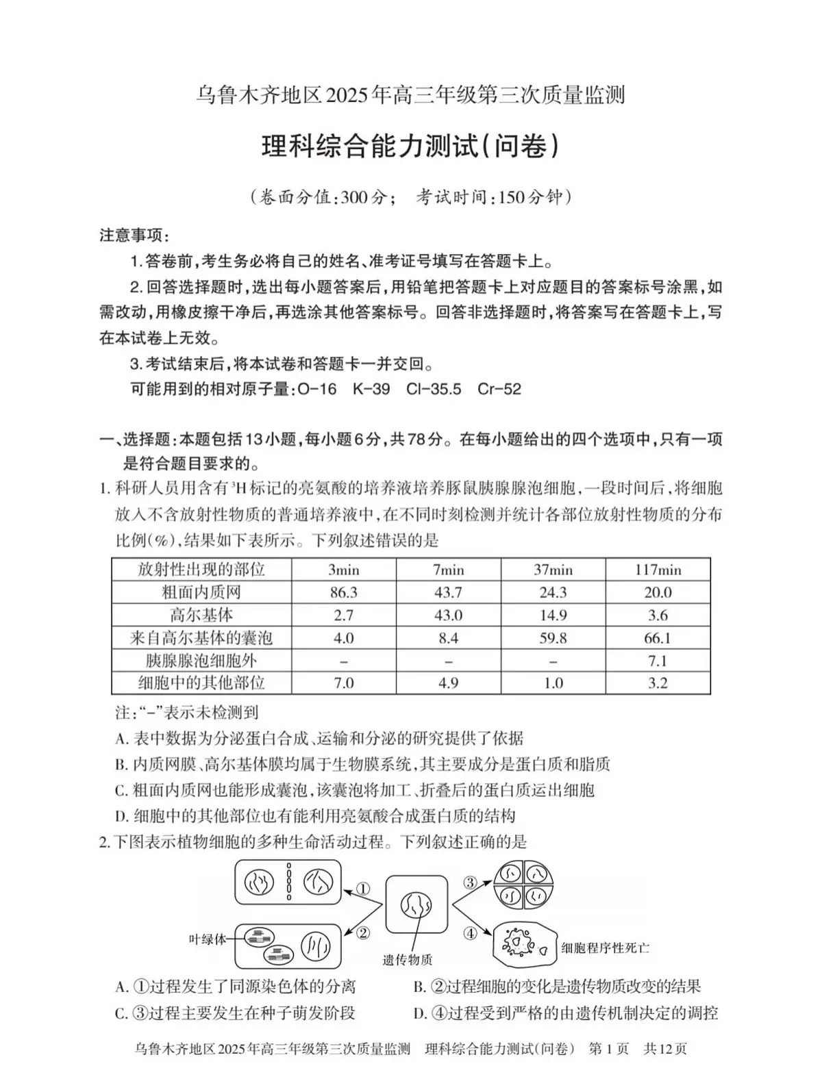 2025届新疆乌鲁木齐高三三模理综试卷（高考模拟）第1页