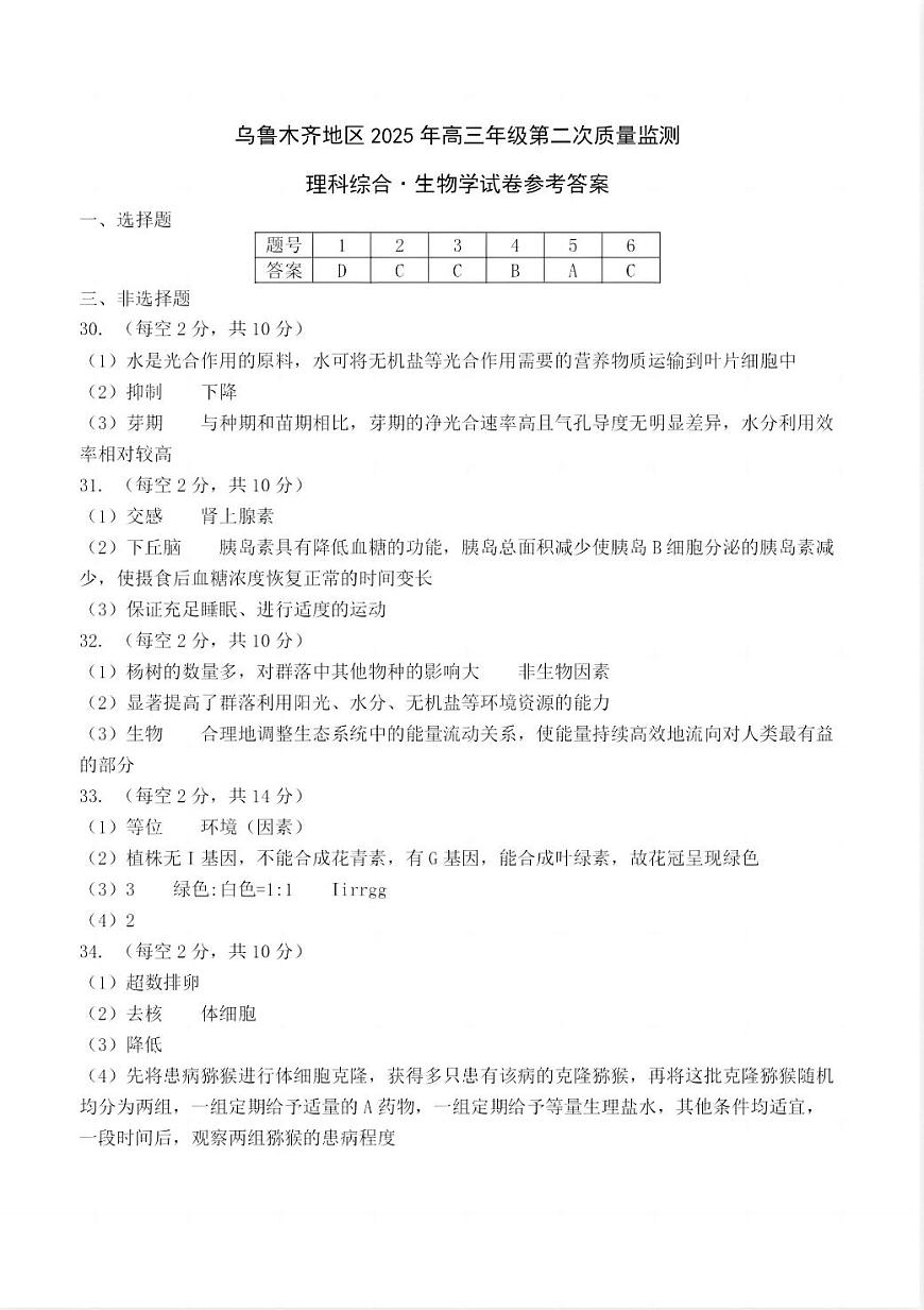 乌鲁木齐地区2025年高三年级第二次质量监测理综生物答案第1页
