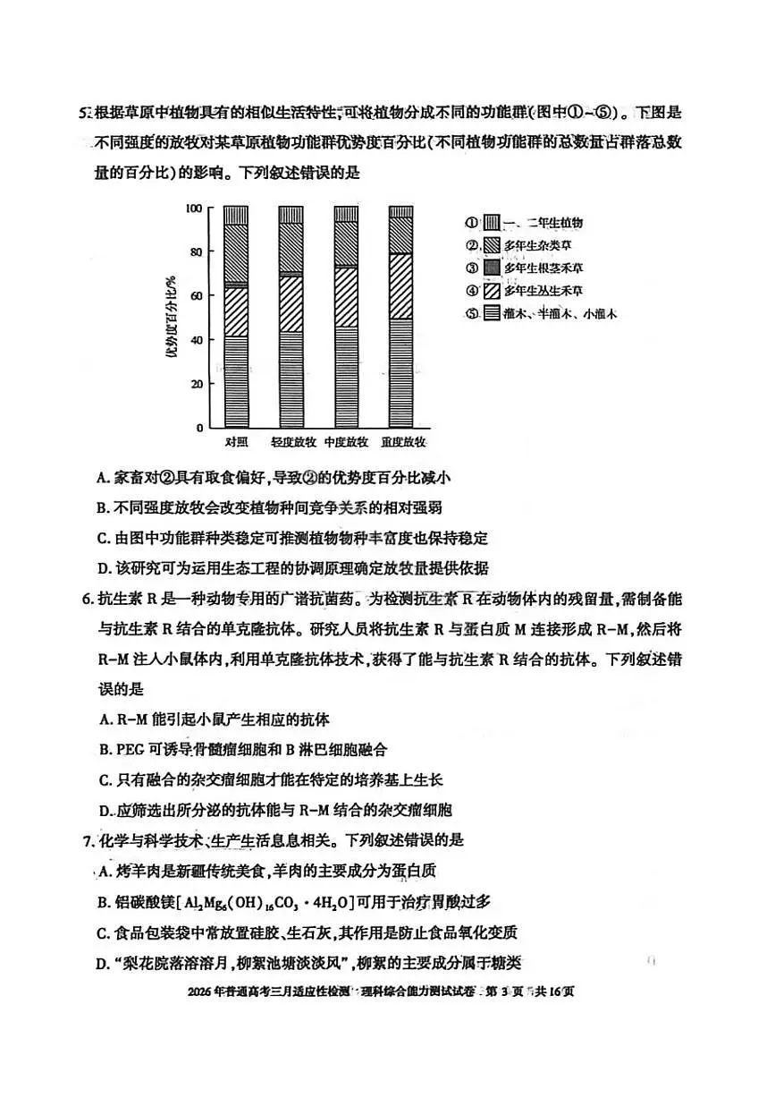 理科综合-2026年新疆普通高考三月适应性检测试卷（含答案）第3页