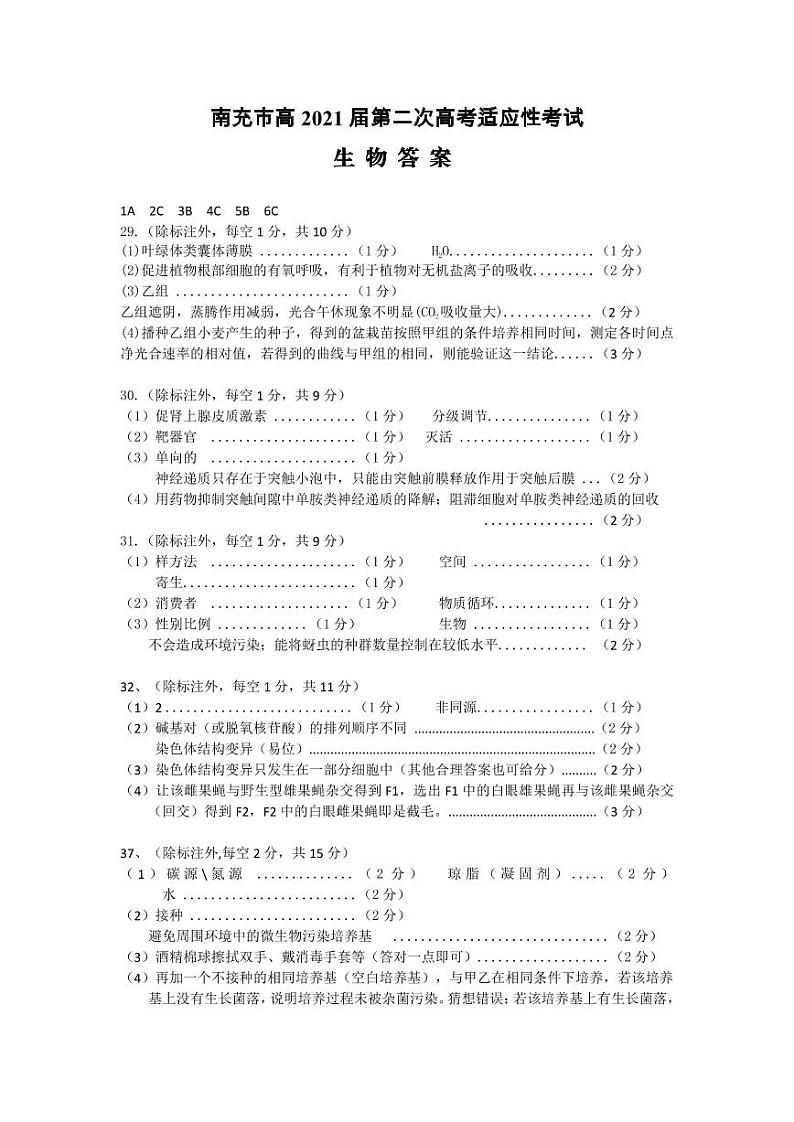 四川省南充市2021届高三3月第二次高考适应性考试理综试题（word 含答案）01