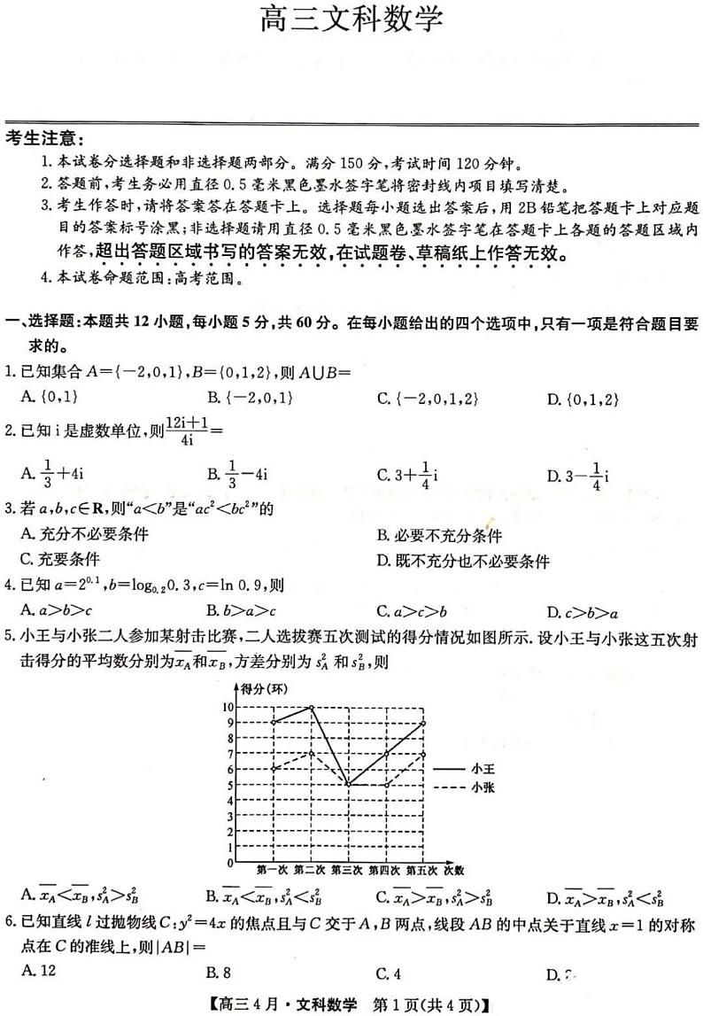 2021九师联盟高三4月文科数学模拟考试第1页