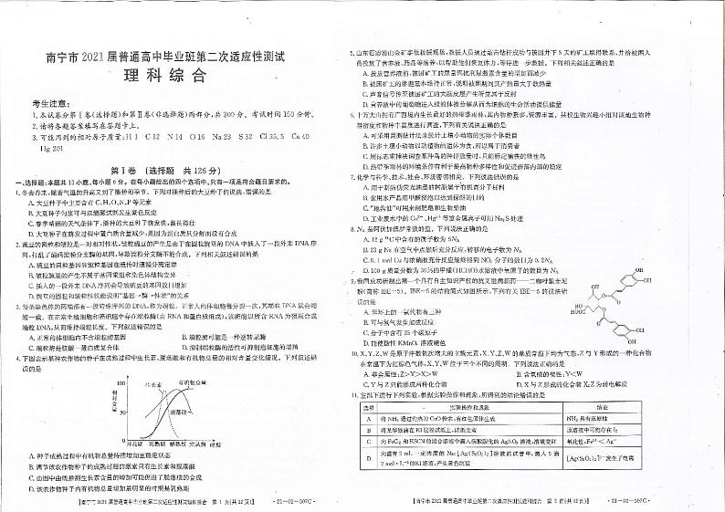 2021届广西南宁市高三第二次适应性测试理科综合试题第1页