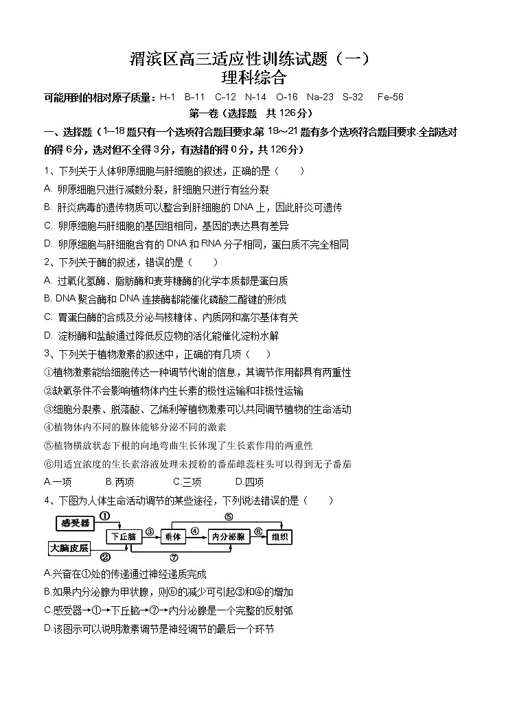 陕西省宝鸡市渭滨区2021届高三下学期高考适应性训练（一）理科综合（含答案）第1页
