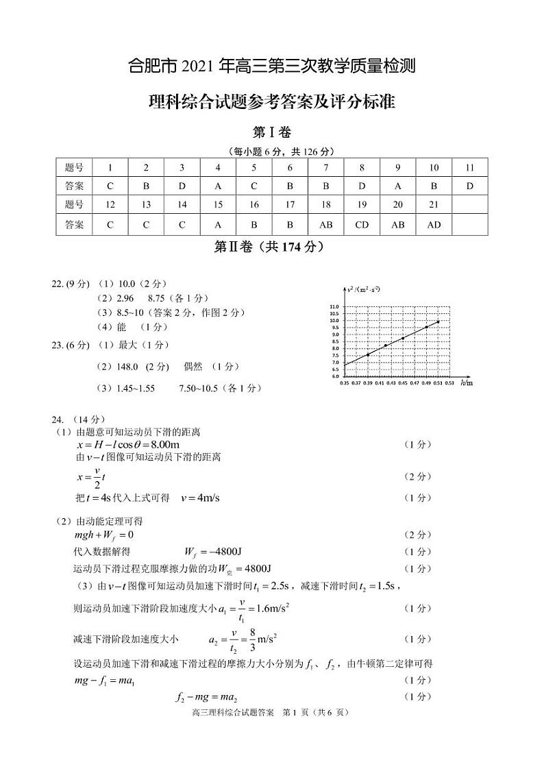 2021合肥三模理综答案 试卷01